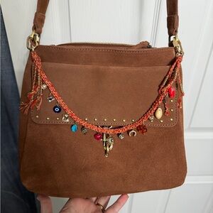 Brown Suede Embellished leather Shoulder/crossbody Bag